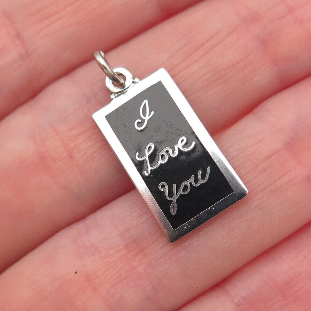 925 Sterling Silver Vintage Black Enamel I Love You Charm Pendant
